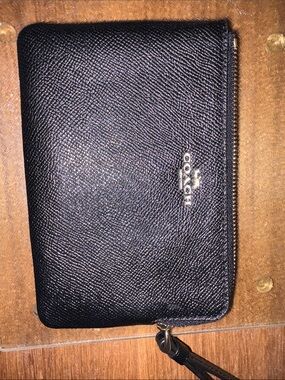 Coach Black Leather Zip Wallet with Gold Logo